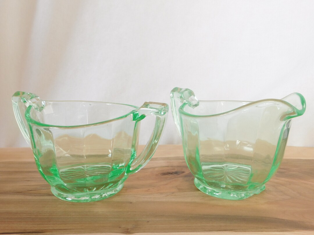 Vintage Sugar Bowl, Creamer, Set of 2, Green, Glass, UV Glass