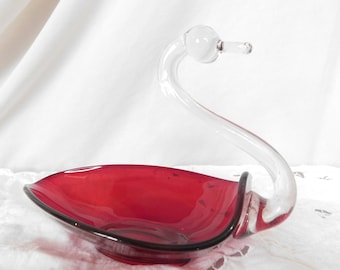 Vintage Glass Swan, Red Glass, Swan Dish, Duncan Miller, MCM, 1950's, Mid Century, Home Decor, Red Decor, Collectible, Art Glass, Swan Bowl