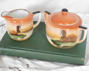 Vintage Creamer, Sugar Bowl, Bowl with Lid, Noritake, Japan Made, Windmill, Tangerine, Dining and Serving, Vintage Kitchen, Hand Painted