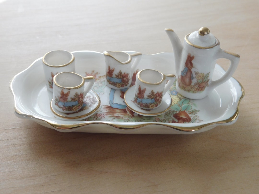 Vintage Tea Set, Miniature, Bunny Family, Doll Size, Ceramic, Small Tea