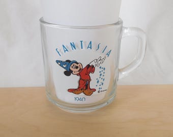Vintage Mug, Disney, Fantasia, Mickey Mouse, 1940's, Glass, Collectible, Drinkware, Coffee Cup, 10 Ounce Capacity, Kitchen, Previously Owned
