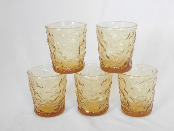 Vintage Glasses, Set of 5, Low Ball, Short, Gold, Yellow, Crinkle Glass, 6 Ounce Capacity, Drinkware, Barware, Collectible, Previously Owned