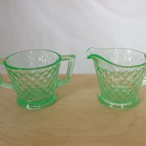 Vintage Serving Set, Sugar Bowl, Creamer, Set of 2, Imperial, Green Glass, Uranium, Glows, Diamond Quilt, Collectible, 1930's, Pickers Haven image 1