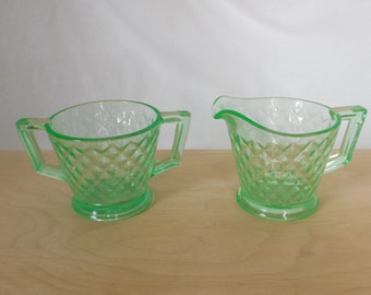 Vintage Serving Set, Sugar Bowl, Creamer, Set of 2, Imperial, Green Glass, Uranium, Glows, Diamond Quilt, Collectible, 1930's, Pickers Haven