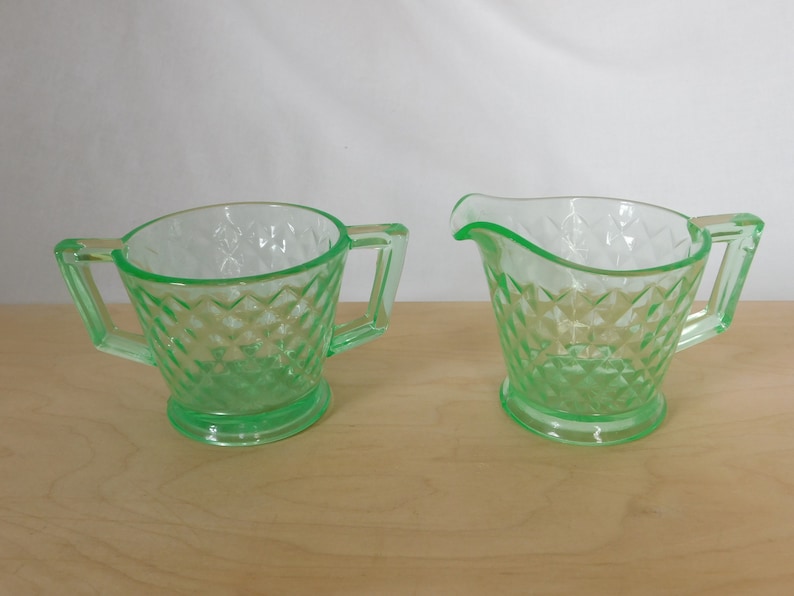 Vintage Serving Set, Sugar Bowl, Creamer, Set of 2, Imperial, Green Glass, Uranium, Glows, Diamond Quilt, Collectible, 1930's, Pickers Haven image 1