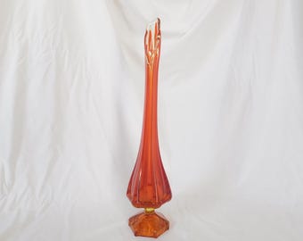 Vintage Vase, Swung, Viking, Column, Hexagon Base, Amberina, Red, Orange, Yellow, Flames, Glass, Mid-Century, Previously Owned
