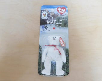 Vintage Beanie Baby, TY, Maple The Bear, Canada, 1990's, McDonald's, New in Package, Mini Plush, White, Previously Owned, Pickers Haven