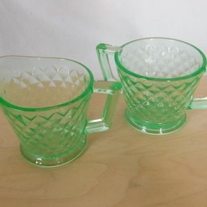 Vintage Serving Set, Sugar Bowl, Creamer, Set of 2, Imperial, Green Glass, Uranium, Glows, Diamond Quilt, Collectible, 1930's, Pickers Haven image 10