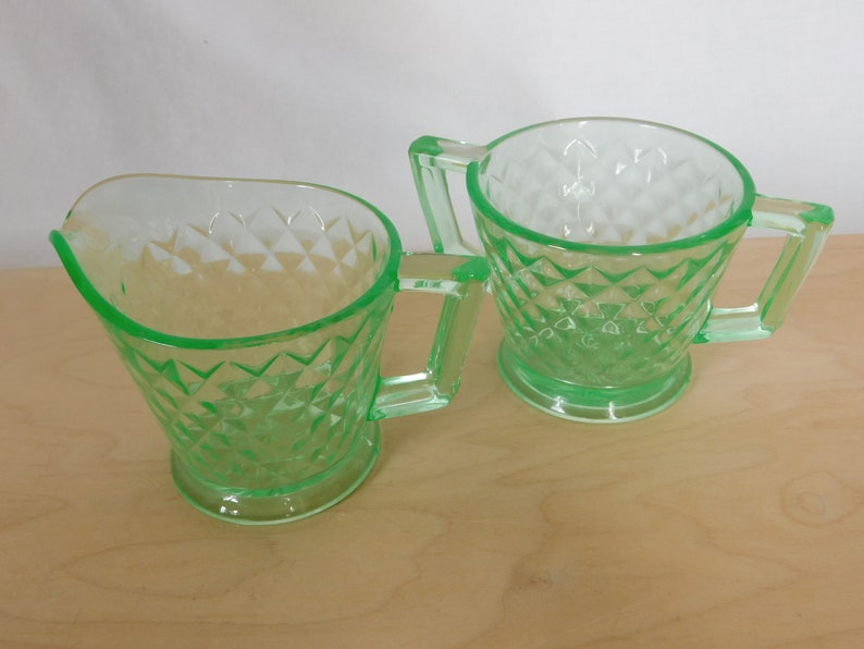 Vintage Serving Set, Sugar Bowl, Creamer, Set of 2, Imperial, Green Glass, Uranium, Glows, Diamond Quilt, Collectible, 1930's, Pickers Haven image 10