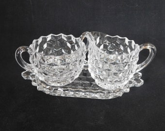 Vintage Cream and Sugar Set, Fostoria, Creamer, Sugar Bowl, Serving Tray, American Pattern, Authentic, 3 Piece Set, Clear Glass, Elegant