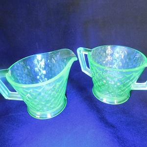 Vintage Serving Set, Sugar Bowl, Creamer, Set of 2, Imperial, Green Glass, Uranium, Glows, Diamond Quilt, Collectible, 1930's, Pickers Haven image 2