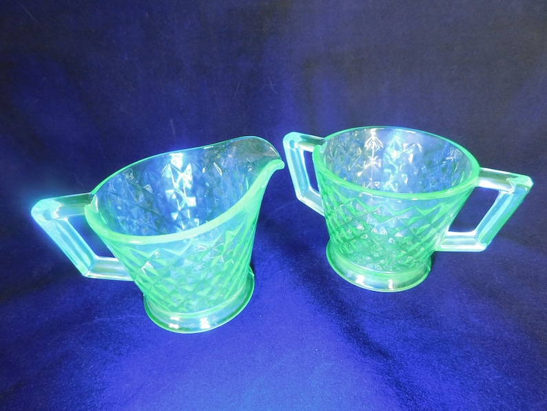 Vintage Serving Set, Sugar Bowl, Creamer, Set of 2, Imperial, Green Glass, Uranium, Glows, Diamond Quilt, Collectible, 1930's, Pickers Haven image 2