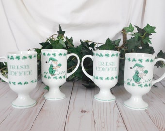 Ensemble de 4 tasses à café vintage, Irish Coffee, Saltera, porcelaine, capacité de 6 onces, lutin, années 1970, Saint-Patrick, cuisine rétro