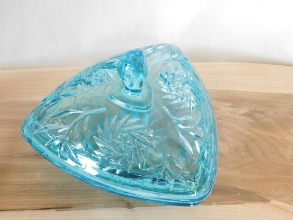 Vintage Candy Dish, Blue, Hazel Atlas, Pinwheel, Dish with Lid, Glass, Triangular, Blue Decor, Footed, Elegant, Pre-Owned, Pickers Haven