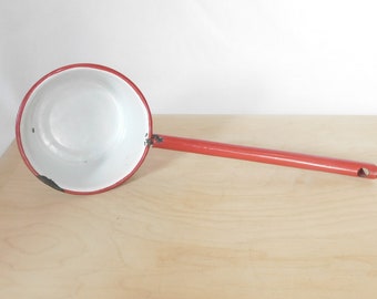 Vintage Ladle, Scoop, Enamelware, Dipper, Hearth Ladle, Farmhouse Decor, Red and White, 16 Ounce Capacity, Country Style, Pickers Haven