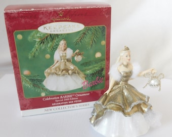 Vintage Ornament, Celebration Barbie, Hallmark, Keepsake Ornament, Christmas, Gold Dress, 2000, Collectible, Previously Owned, Original Box