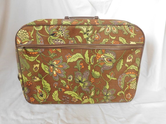 Vacationer Mid Century Hand painted Luggage Suitcase Travel Bag Flowers Blue