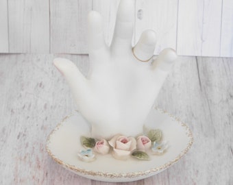 Lefton Hand Dish, Ring Dish, Vintage, 1950's, Number 1518, White Decor, Mid Century, Collectible, Ceramic, Flower Ring Dish, Small Trinket