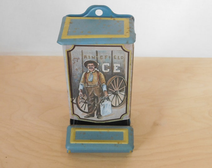 Vintage Match Holder, Matchstick Box, Metal, Wall Decor, Ringfield Ice