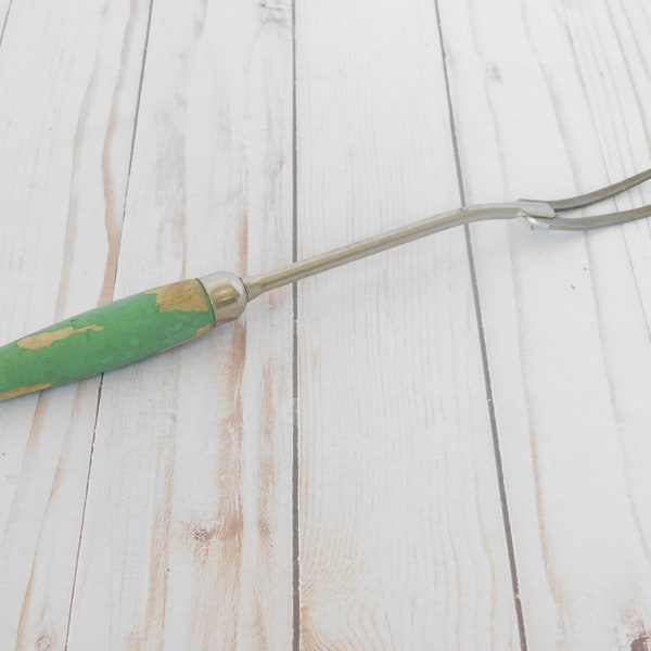 Vintage Meat Fork, A and J, Made in USA, Grill Accessories, Green Handle, Wood Handle, Mid-Century, BBQ Accessory, Home Decor, Collectible