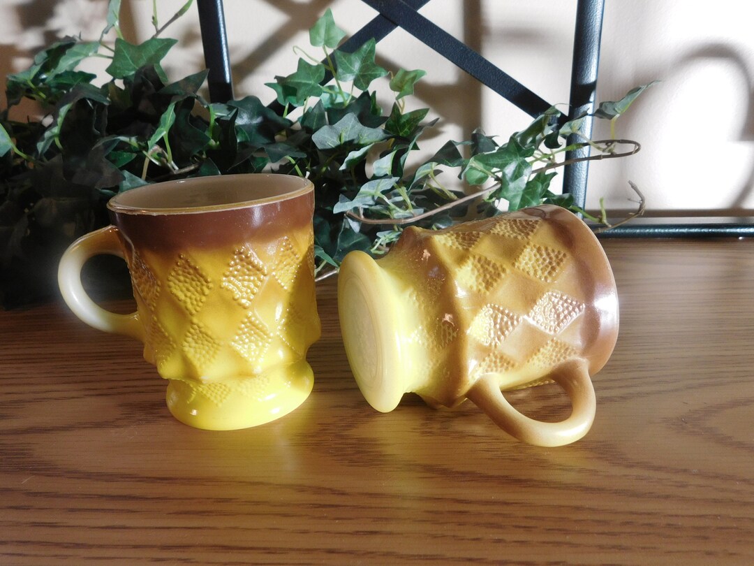 Vintage Mugs, Kimberly, Fire King, Set of 2, Anchor Hocking, Yellow, Brown, 1960's, Previously