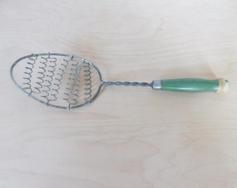 Vintage Whisk, Coiled, Spatula Shape, Mixer, Beater, Manual, Wood Handle, Primitive, Farmhouse Decor, Chippy Paint, Green, Pickers Haven