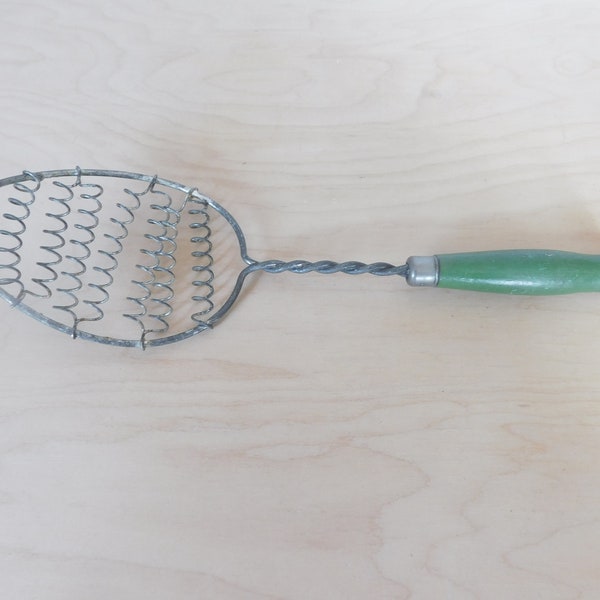 Vintage Whisk, Coiled, Spatula Shape, Mixer, Beater, Manual, Wood Handle, Primitive, Farmhouse Decor, Chippy Paint, Green, Pickers Haven