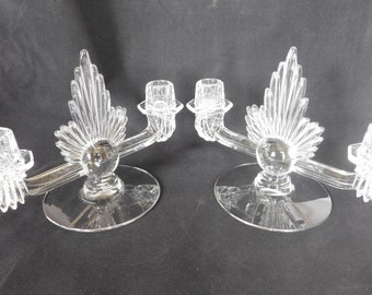 Vintage Fostoria Glass, Double Arm, Candlestick Holders, Art Deco, Clear Pressed Glass, Flame Lido, Table Decor, Elegant, 1930's, Set of 2