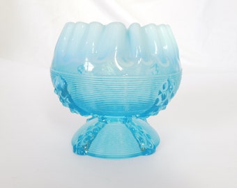 Northwood, Glass, Bowl, Alaska Pattern, Opalescent, Light Blue, Button Panels, Button Lines, Antique, Footed, Pedestal, Estate Sale Find