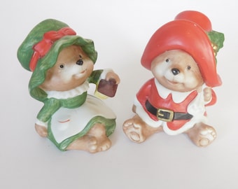 Vintage Bears, Homco, Christmas, Santa Bear, Mrs. Claus Bear, Figurines, Holiday Decor, 5600, Ceramic, Set of 2, Red and Green, Knick Knacks
