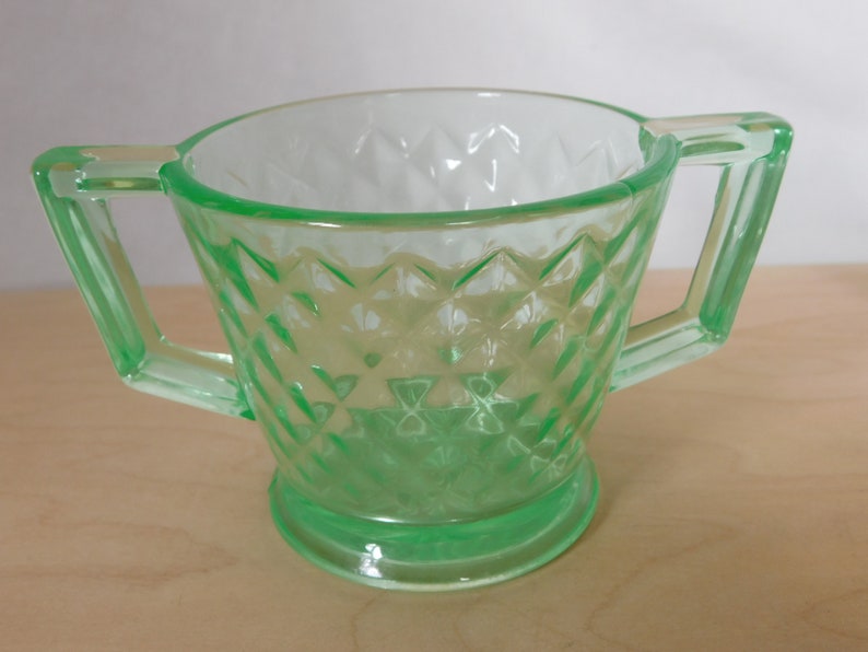 Vintage Serving Set, Sugar Bowl, Creamer, Set of 2, Imperial, Green Glass, Uranium, Glows, Diamond Quilt, Collectible, 1930's, Pickers Haven image 4