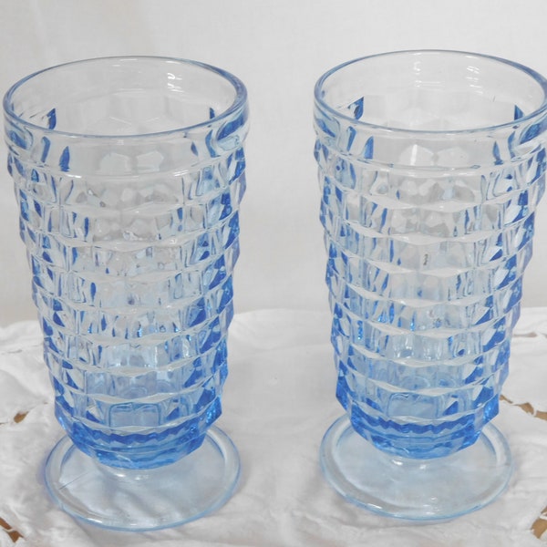 Vintage Glasses, Drinkware, Set of 2, Cubist, Whitehall, Indiana Glass Co, 14 Ounce Capacity, Iced Tea Glasses, Light Blue, Ice Blue, 1970's