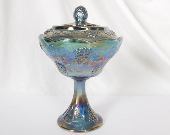 Vintage Candy Dish, Glass, Indiana Glass Co, Carnival Glass, Pedestal, Dish with Lid, Iridescent, Harvest Grape, Collectible, Art Glass