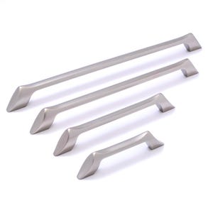 May include: Four brushed nickel cabinet pulls in varying lengths. Each pull has a curved design with a smooth, matte finish. The pulls are arranged diagonally, showcasing their different sizes for kitchen or bathroom cabinetry.