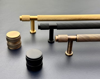 Solid Brass Knurle Pull Handle & Knob | Modern Contemporary Cabinet Kitchens Furniture | Brushed Satin Brass Black Antique Bronze Aged Brass