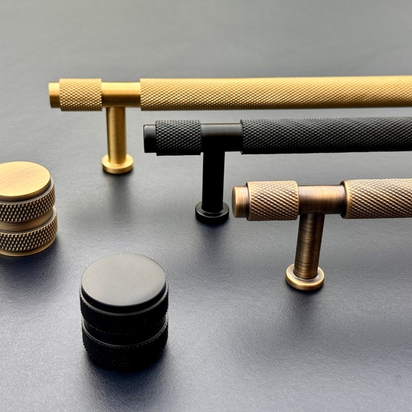 Solid Brass Knurle Pull Handle & Knob | Modern Contemporary Cabinet Kitchens Furniture | Brushed Satin Brass Black Antique Bronze Aged Brass
