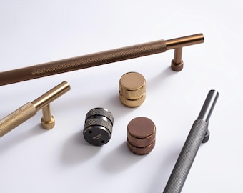 Tiradores de latón macizo, color cobre, bronce, gris grafito, pomo moleteado para cajón de armario.