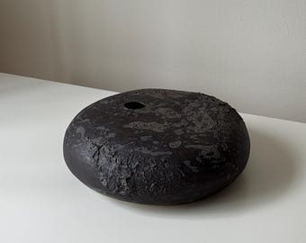 Textured Ceramic Vase in Black Clay. Minimalist Home Decor