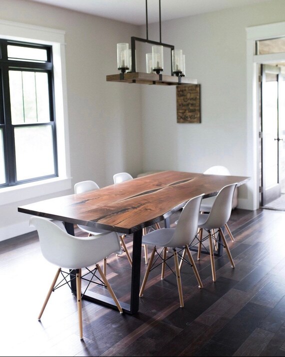 Live Edge Black Walnut Dining Table With Steel Wishbone Legs Etsy