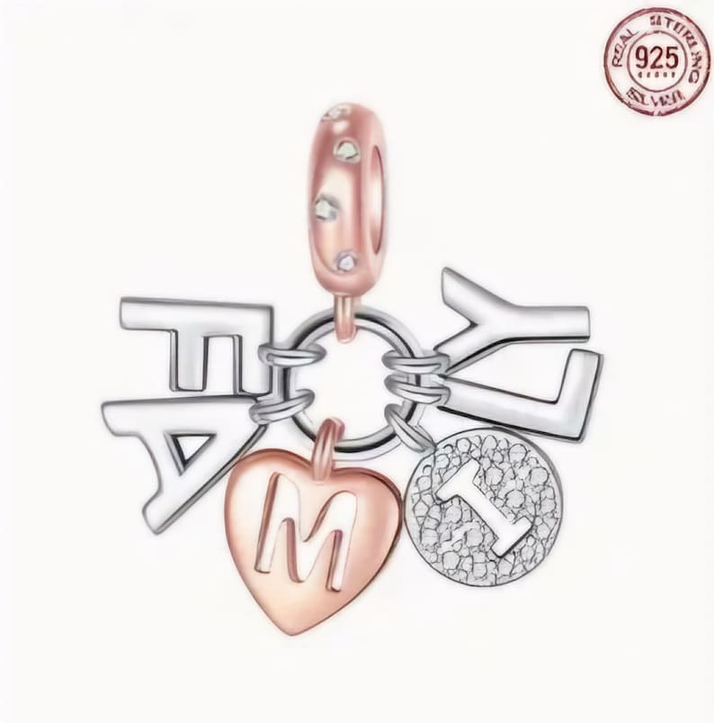 Op de afbeelding: Een zilveren armband met een hartbedel, een bedel met de letter 'M' en bedels met de letters 'F', 'A', 'M', 'I', 'L', 'Y' en het cijfer '1'.
