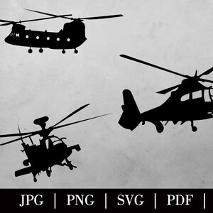 May include: Silhouettes of three different helicopters. The helicopters are black against a gray background. The helicopters are all facing the right side of the image.
