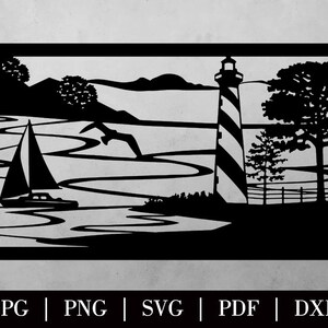 May include: Black and white silhouette of a lighthouse, sailboat, and trees on a body of water. The lighthouse has a striped pattern. The sailboat has a sail and a hull. The trees are in the background. The water is wavy.