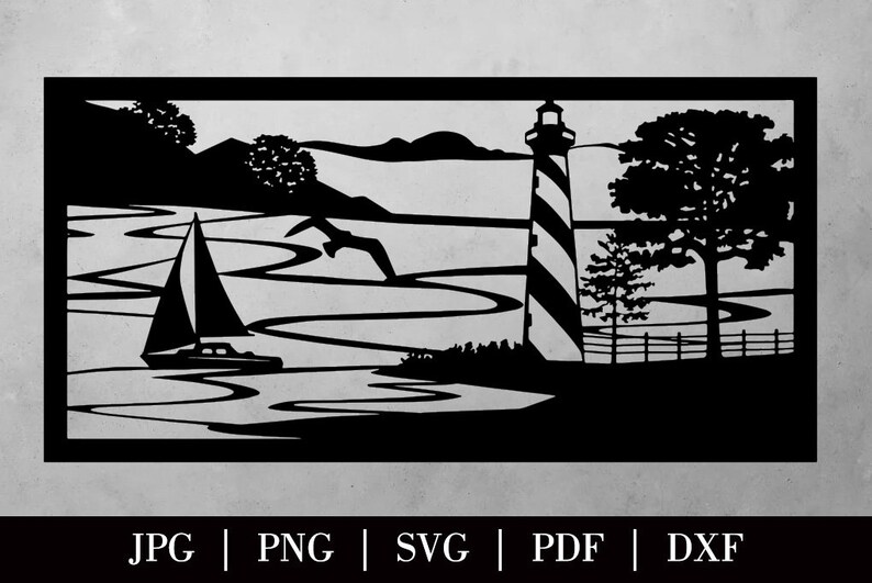May include: Black and white silhouette of a lighthouse, sailboat, and trees on a body of water. The lighthouse has a striped pattern. The sailboat has a sail and a hull. The trees are in the background. The water is wavy.