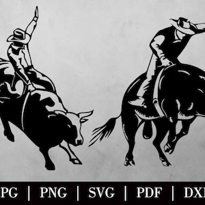 May include: Two black and white silhouette illustrations of a cowboy riding a bucking bull. The cowboys are wearing hats and are holding onto the bull's horns. The bulls are bucking and kicking their legs in the air.