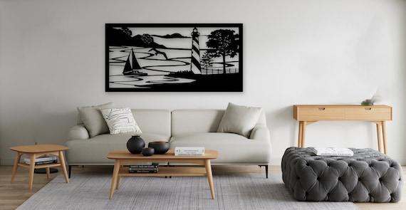 Lighthouse and Sea cut svg dxf file wall sticker pdf silhouette template cnc cutting router digital vector instant download