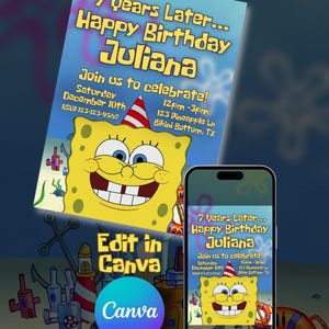 May include: A birthday invitation featuring a smiling yellow cartoon character with the text "7 Years Later... Happy Birthday Juliana." The invitation includes event details: Saturday, December 10th, 12pm-3pm, and RSVP information.