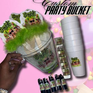 Balde de festa 10 copos de isopor personalizados de 20 oz 5 isqueiros personalizados 5 copos de shot personalizados 5 leques personalizados com penas e balde de gelo personalizado