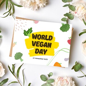 Tarjeta de felicitación, Tarjeta de felicitación del Día Mundial del Vegano, Tarjeta de aniversario imprimible, Tarjeta de felicitación de celebración, Tarjeta descargable