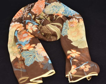 Silk Touch Scarf | Autumn Accessory | Long Shawl | Summer Scarf | Brown & Yellow