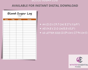 Blood Sugar Log Printable, Diabetic Health Tracker (PDF)
